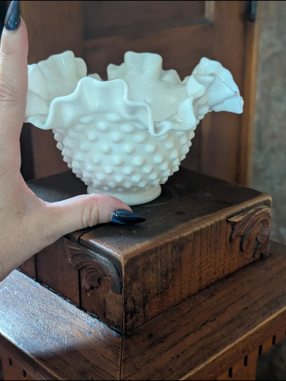 Fenton Milk Glass Hobnail Ruffled Crimped Edge Candy Snack Dish Bowl 6.5